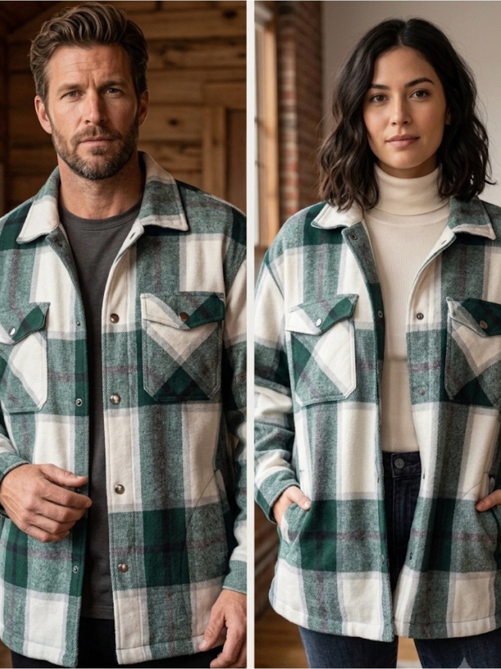 HFX Plaid Lightweight Shacket in Green & Cream unisex